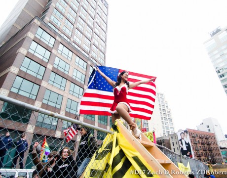 Taken minutes before my arrest during the #D17 Duarte Park protests - this awesome Occupier - who was on rollerskates, on top of a ladder wearing a short skirt... posed for all of us photographers.